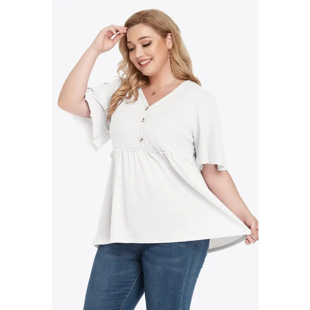 Plus Size Buttoned V-Neck Frill Trim Babydoll Blouse - Madi Gray Boutique