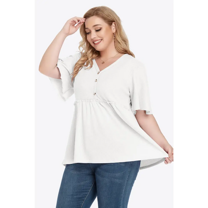 Plus Size Buttoned V-Neck Frill Trim Babydoll Blouse - Madi Gray Boutique