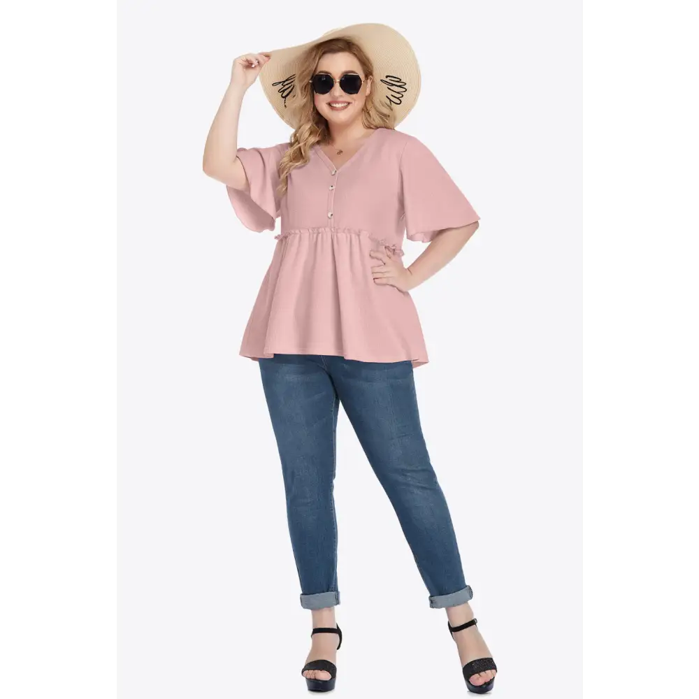 Plus Size Buttoned V-Neck Frill Trim Babydoll Blouse - Madi Gray Boutique