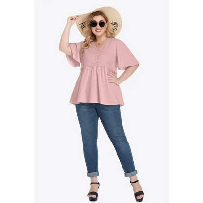 Plus Size Buttoned V-Neck Frill Trim Babydoll Blouse - Madi Gray Boutique