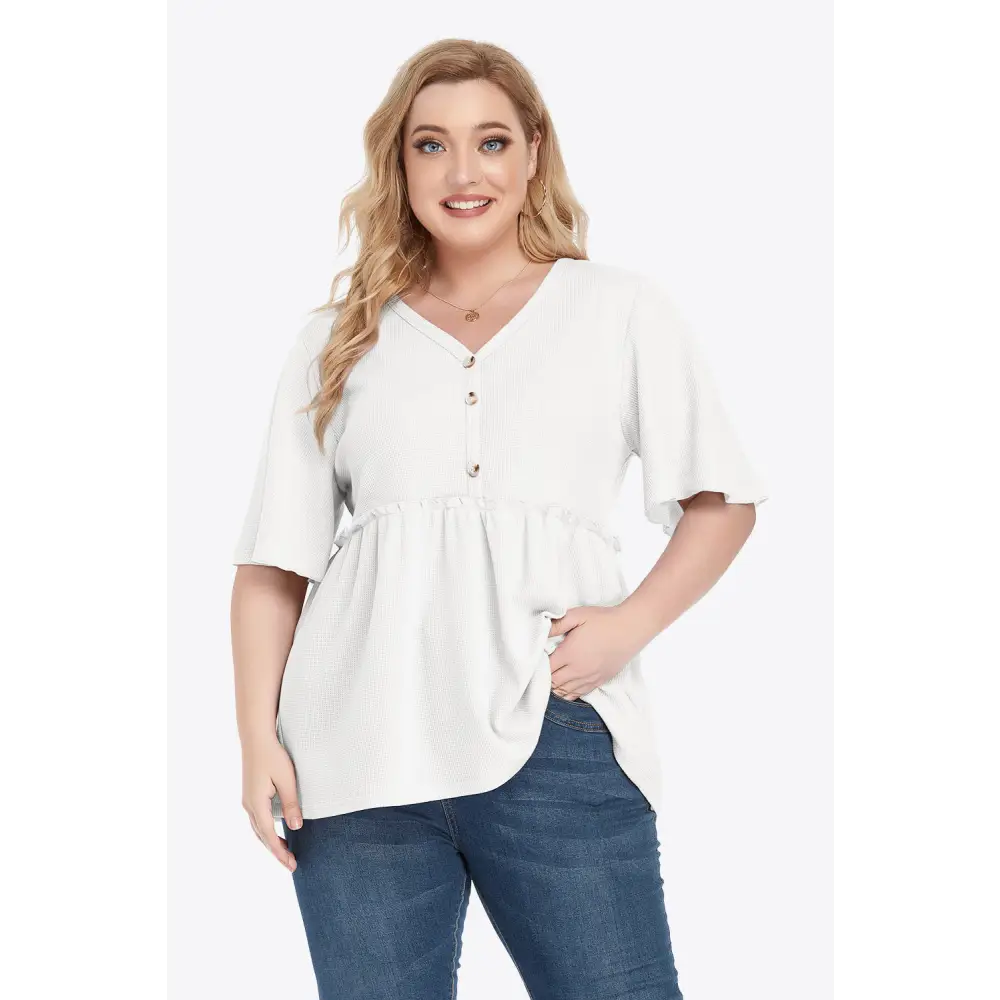 Plus Size Buttoned V-Neck Frill Trim Babydoll Blouse - Madi Gray Boutique