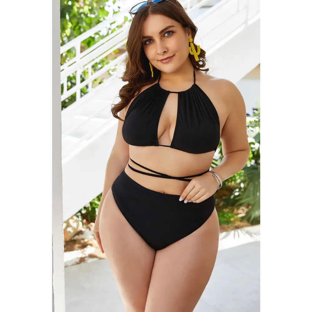 Plus Size Cutout Tied Backless Bikini Set - Black / 2XL