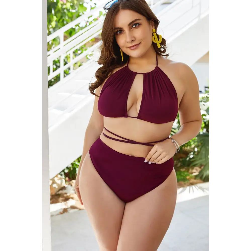 Plus Size Cutout Tied Backless Bikini Set - Red / 2XL