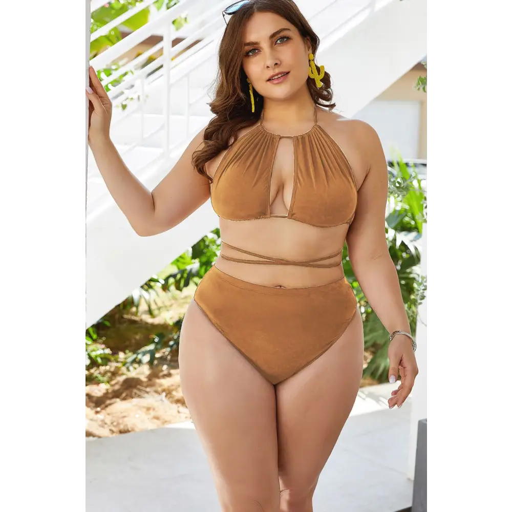 Plus Size Cutout Tied Backless Bikini Set - Yellow / 2XL