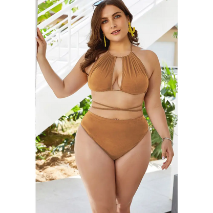 Plus Size Cutout Tied Backless Bikini Set - Yellow / 2XL