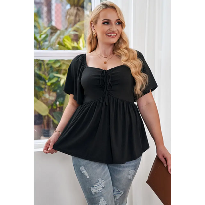 Plus Size Drawstring Sweetheart Neck Babydoll Blouse - Madi Gray Boutique