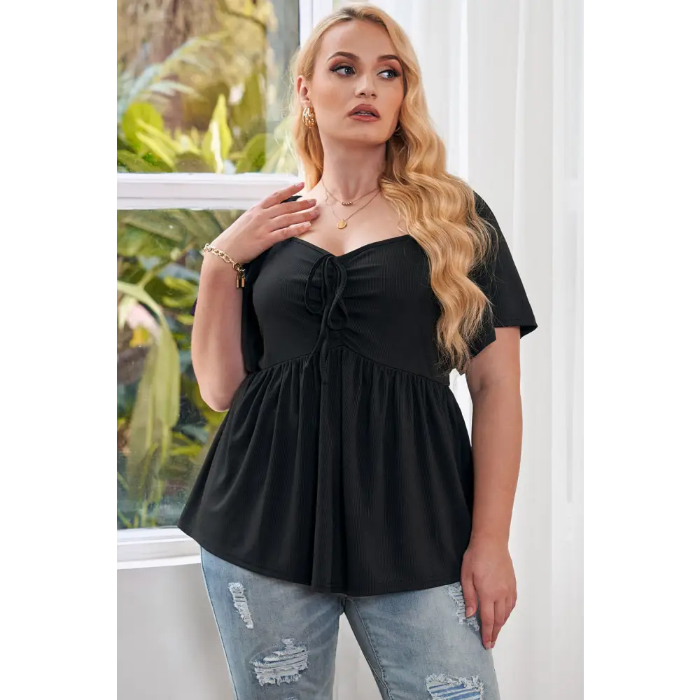 Plus Size Drawstring Sweetheart Neck Babydoll Blouse - Madi Gray Boutique