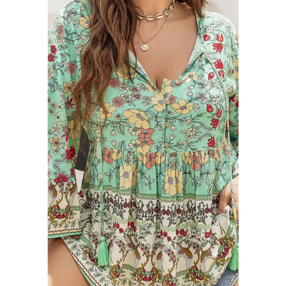 Plus Size Floral Tassel Tie Blouse - Madi Gray Boutique