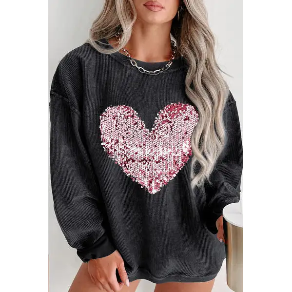 Plus Size Heart Sequin Round Neck Sweatshirt - Black / 1XL - Tops