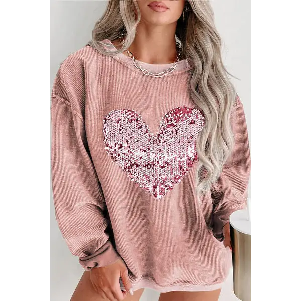 Plus Size Heart Sequin Round Neck Sweatshirt - Dusty Pink / 1XL - Tops