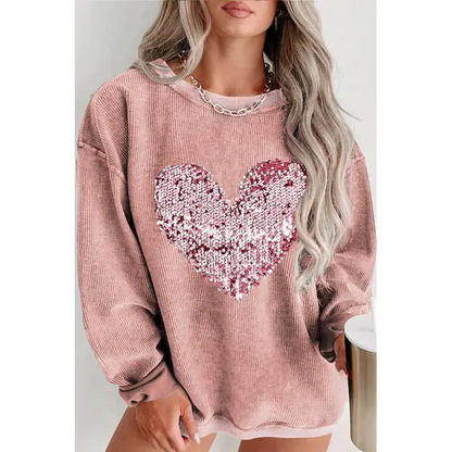 Plus Size Heart Sequin Round Neck Sweatshirt - Dusty Pink / 1XL - Tops