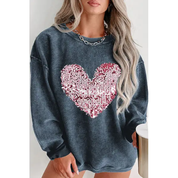 Plus Size Heart Sequin Round Neck Sweatshirt - French Blue / 1XL - Tops