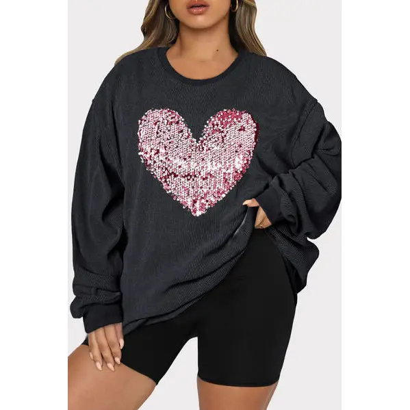 Plus Size Heart Sequin Round Neck Sweatshirt - Tops