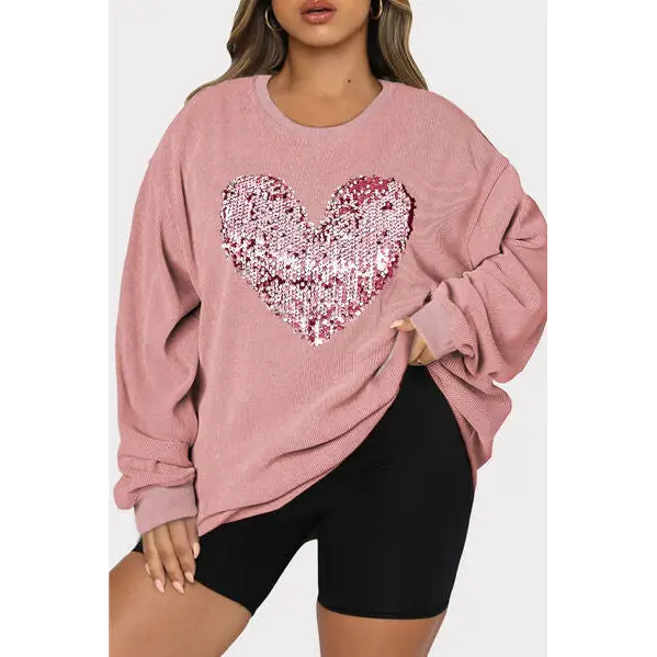 Plus Size Heart Sequin Round Neck Sweatshirt - Tops