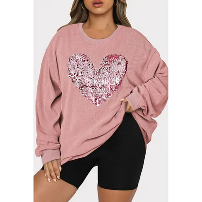 Plus Size Heart Sequin Round Neck Sweatshirt - Tops