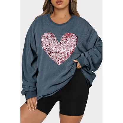 Plus Size Heart Sequin Round Neck Sweatshirt - Tops