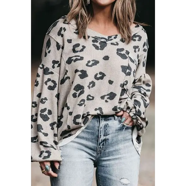 Plus Size Leopard V-Neck Dropped Shoulder T-Shirt - Madi Gray Boutique