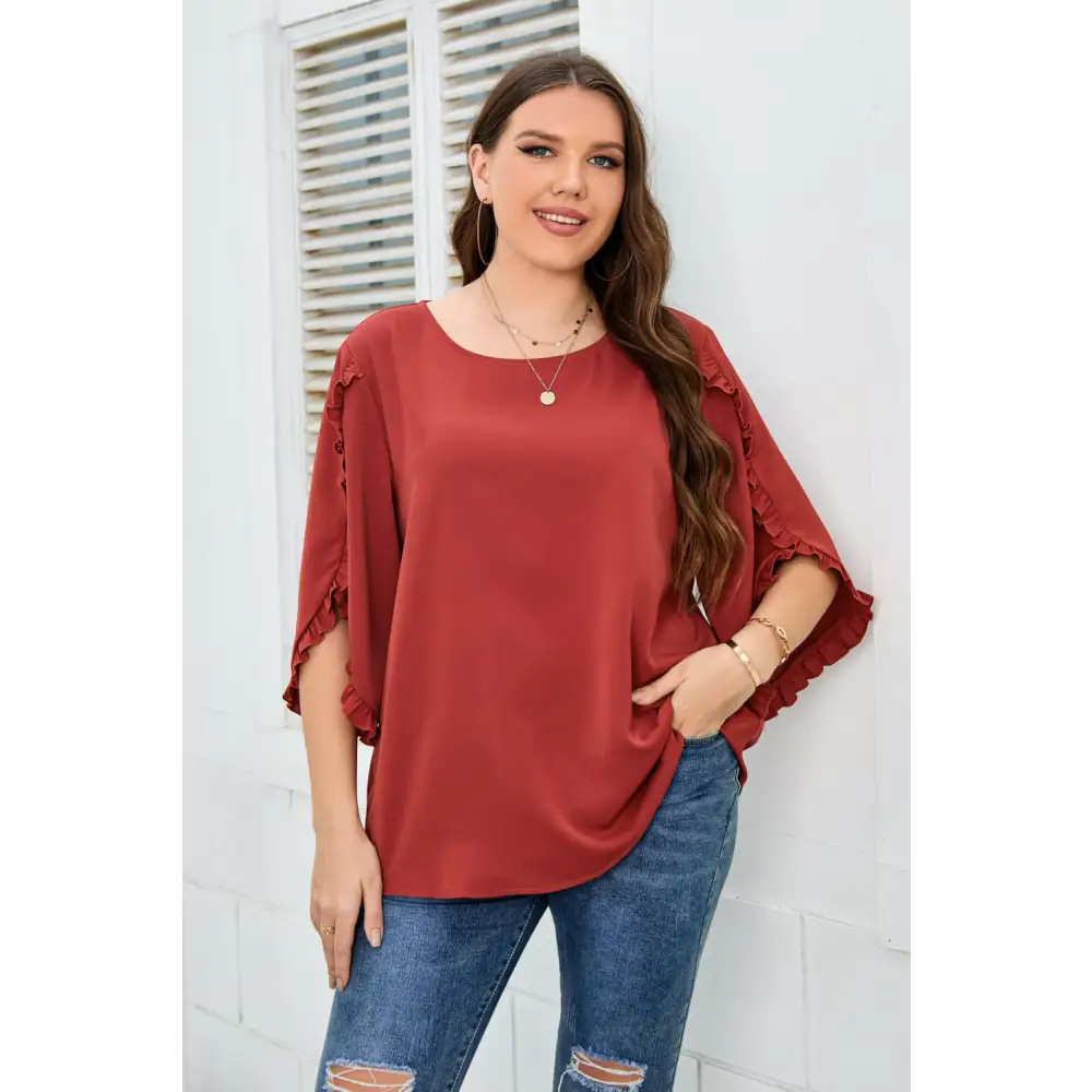 Plus Size Round Neck Frill Trim Blouse - Madi Gray Boutique