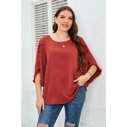 Plus Size Round Neck Frill Trim Blouse - Madi Gray Boutique