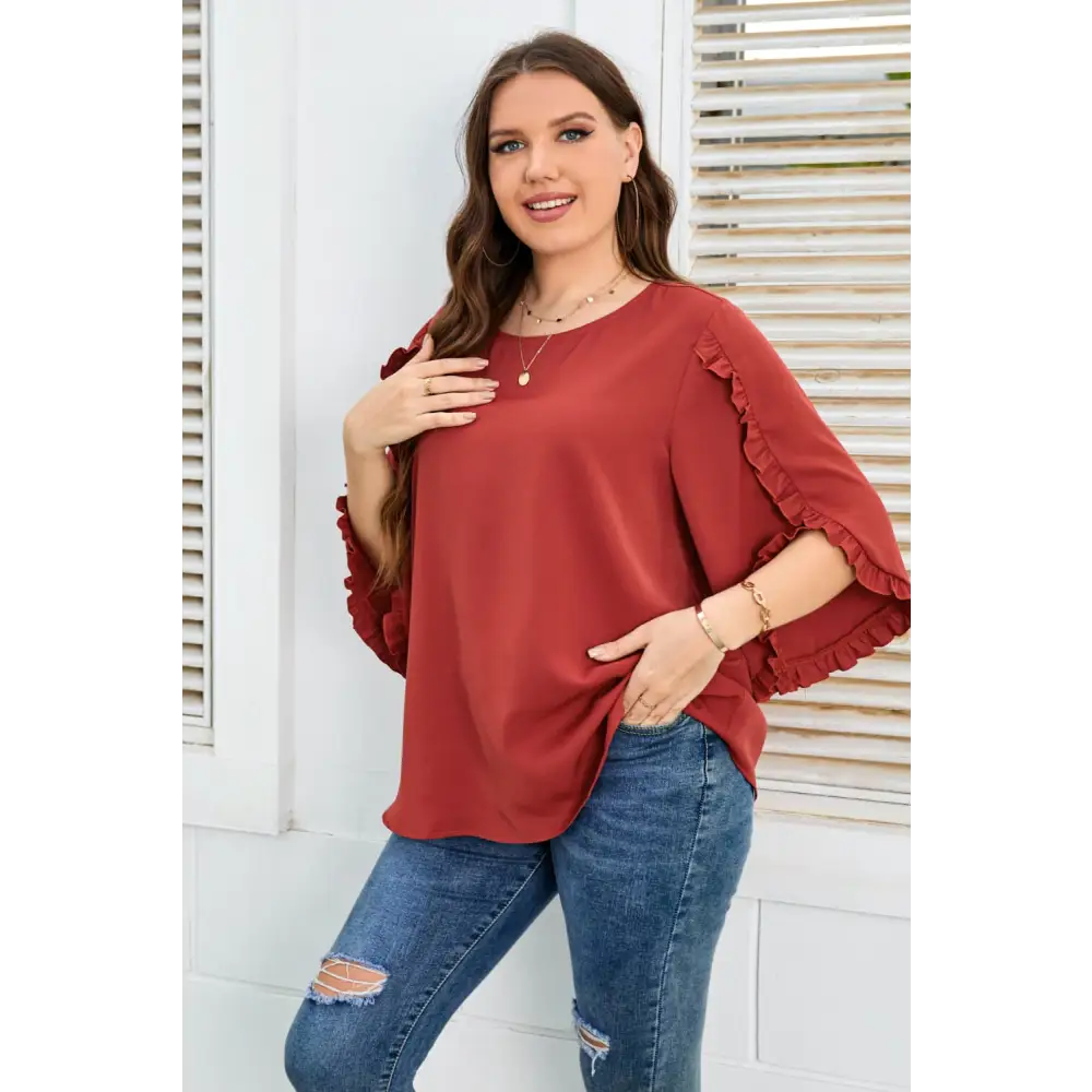 Plus Size Round Neck Frill Trim Blouse - Madi Gray Boutique