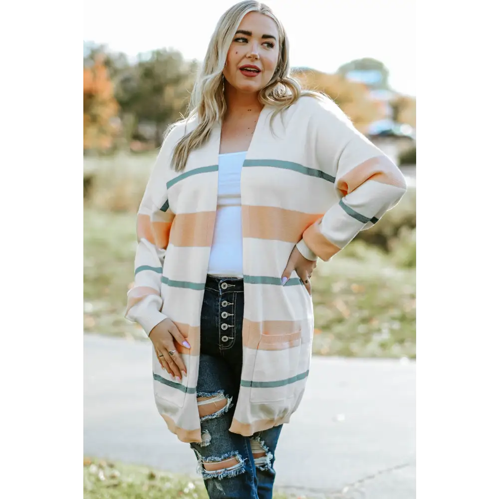 Plus Size Striped Open Front Cardigan - Madi Gray Boutique