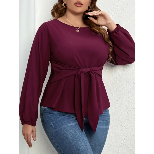 Plus Size Tie Front Long Sleeve Blouse - Madi Gray Boutique