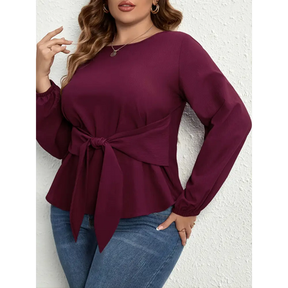 Plus Size Tie Front Long Sleeve Blouse - Madi Gray Boutique