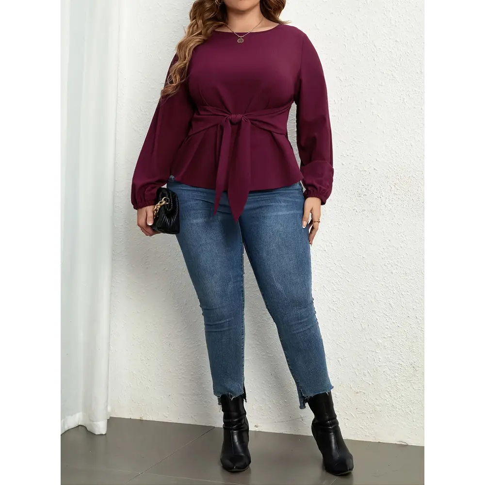 Plus Size Tie Front Long Sleeve Blouse - Madi Gray Boutique