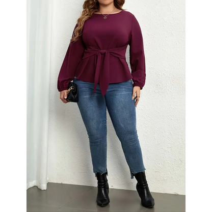 Plus Size Tie Front Long Sleeve Blouse - Madi Gray Boutique