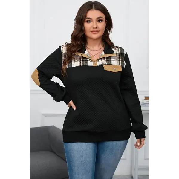 Plus Size Waffle-Knit Collared Neck Sweatshirt - Black / 1XL - Tops