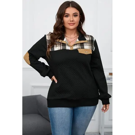 Plus Size Waffle-Knit Collared Neck Sweatshirt - Black / 1XL - Tops