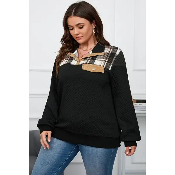 Plus Size Waffle-Knit Collared Neck Sweatshirt - Tops