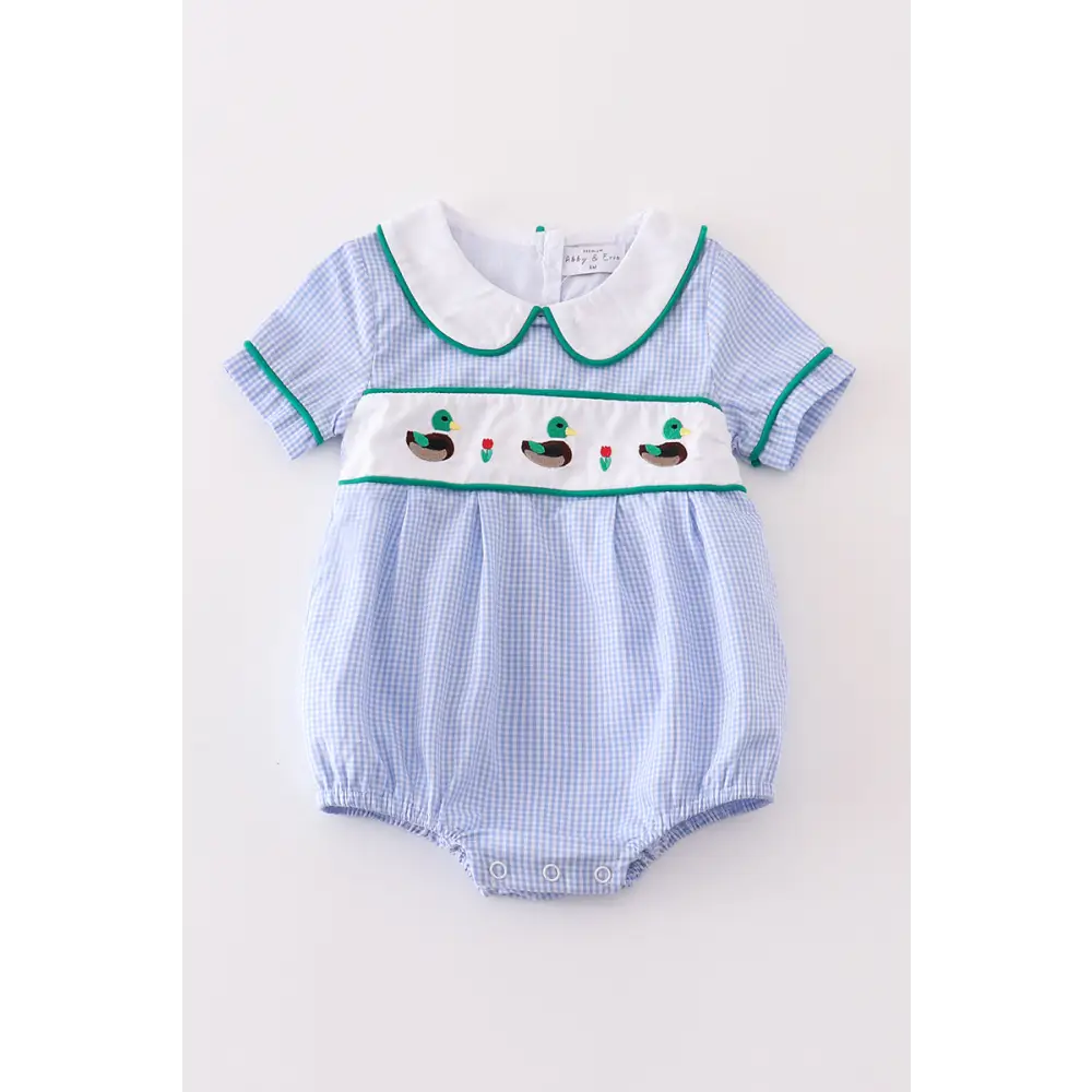 Premium Blue duck embroidery boy gingham bubble - baby