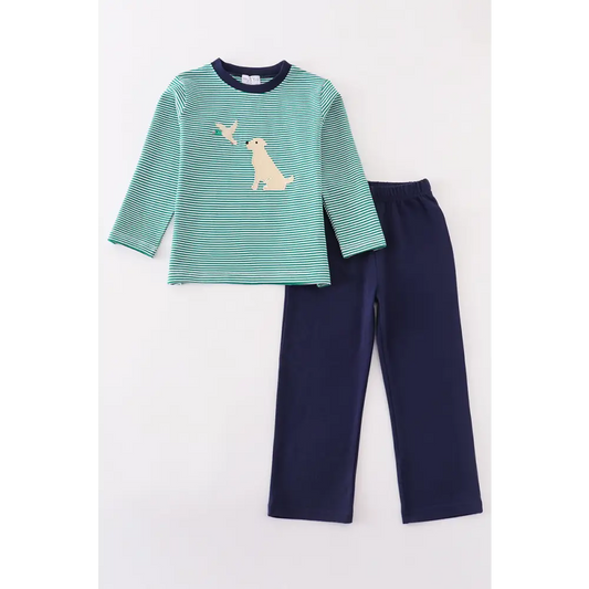 Premium green stripe hunting applique boy set - Set