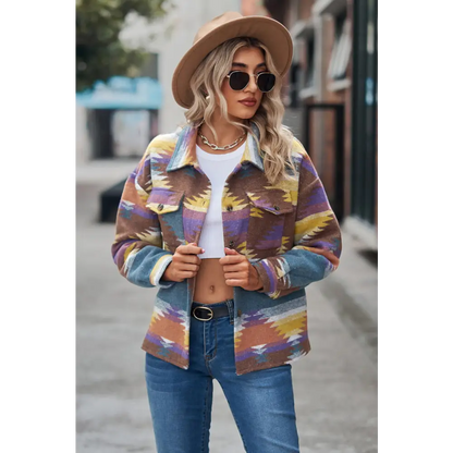 Printed Collared Neck Jacket - Madi Gray Boutique