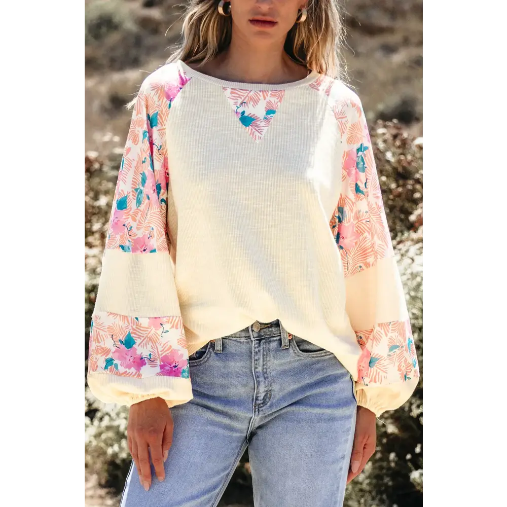 Printed Round Neck Balloon Sleeve Blouse - Ivory / S - Tops