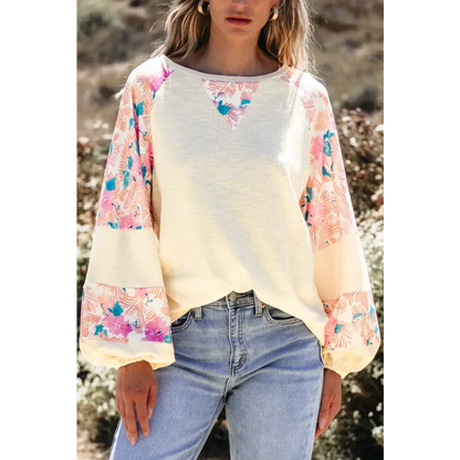 Printed Round Neck Balloon Sleeve Blouse - Ivory / S - Tops