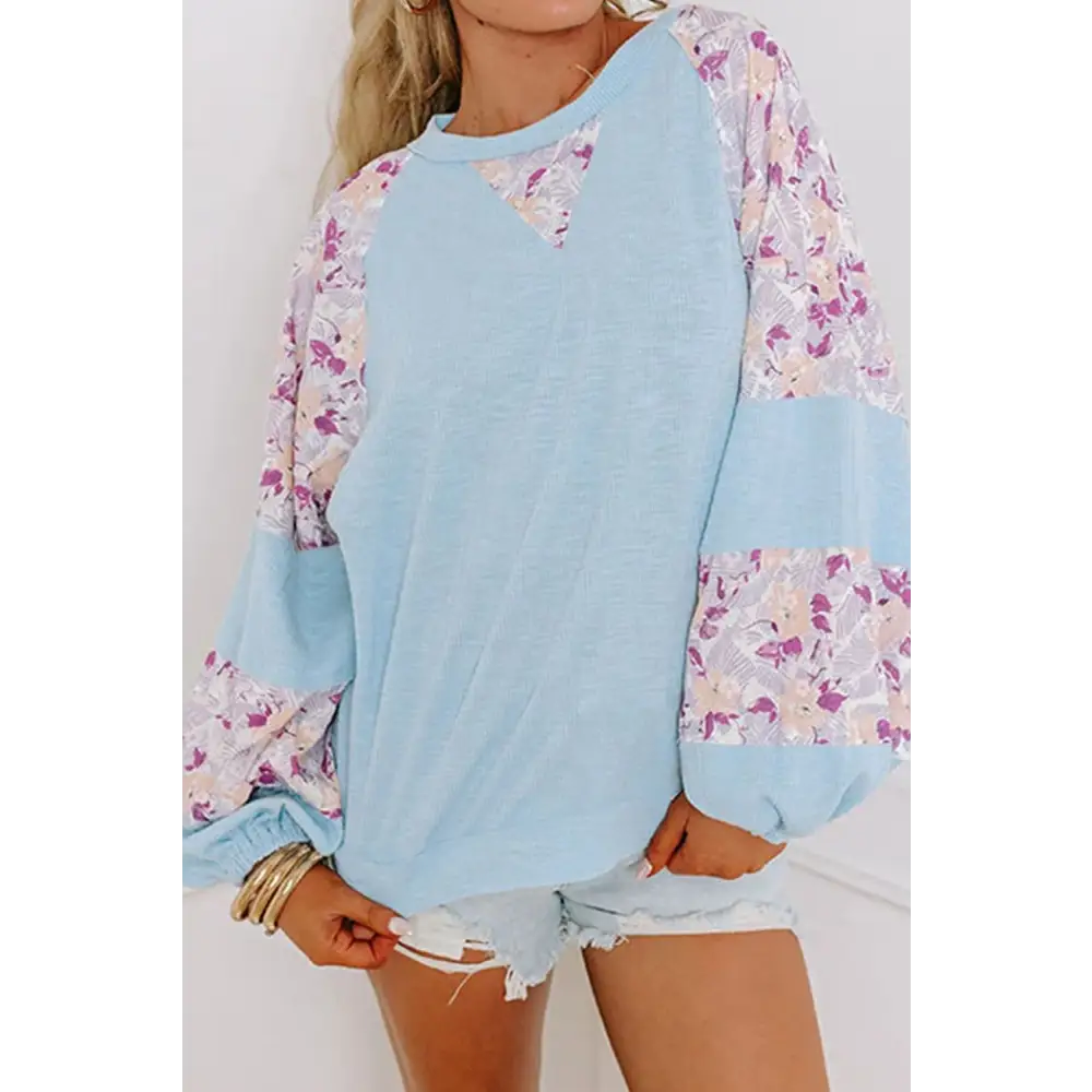 Printed Round Neck Balloon Sleeve Blouse - Light Blue / S - Tops