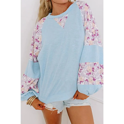 Printed Round Neck Balloon Sleeve Blouse - Light Blue / S - Tops