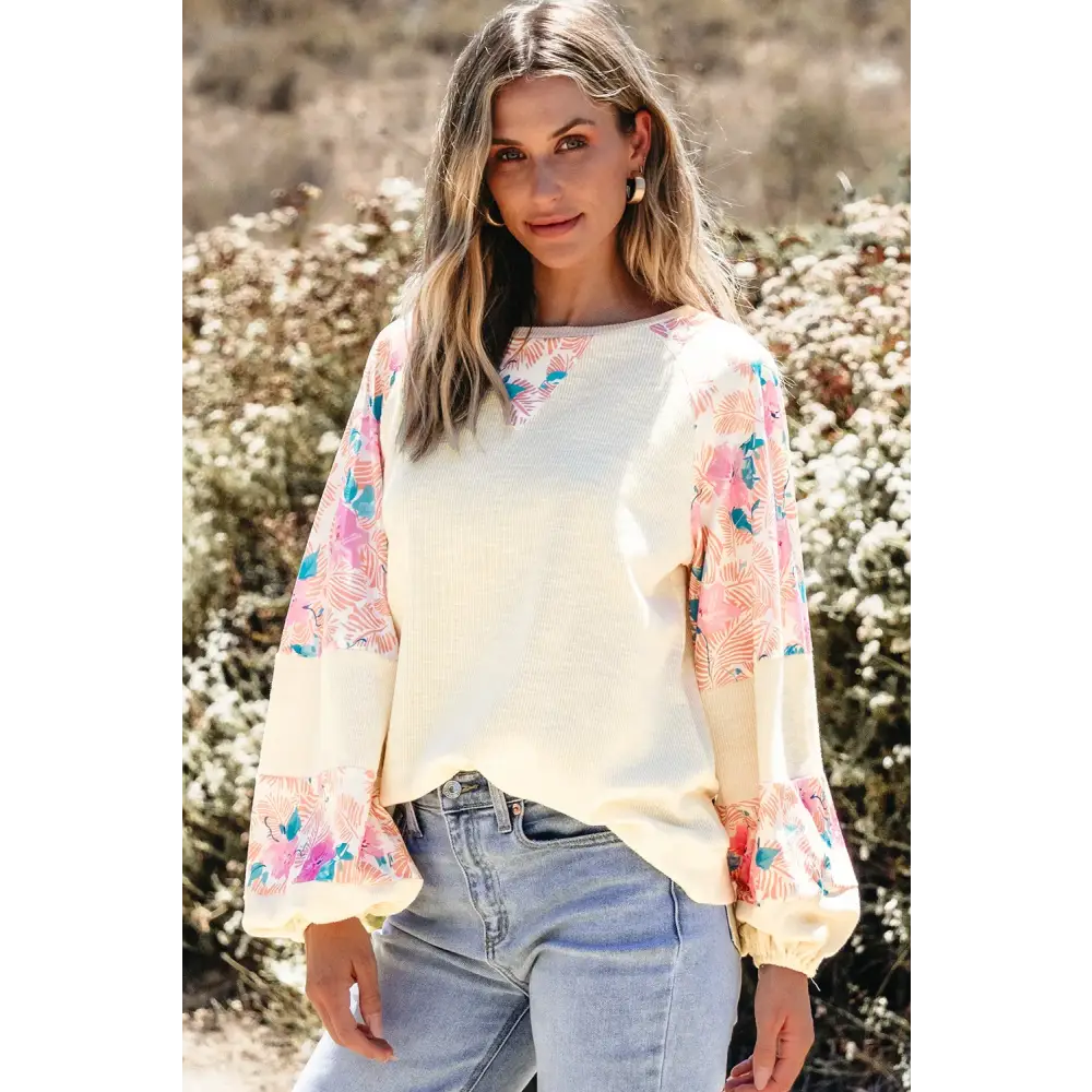 Printed Round Neck Balloon Sleeve Blouse - Tops