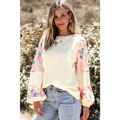 Printed Round Neck Balloon Sleeve Blouse - Tops