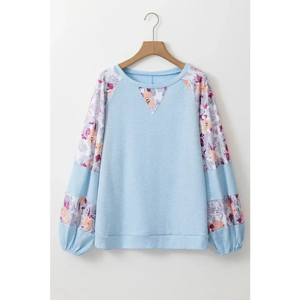 Printed Round Neck Balloon Sleeve Blouse - Tops