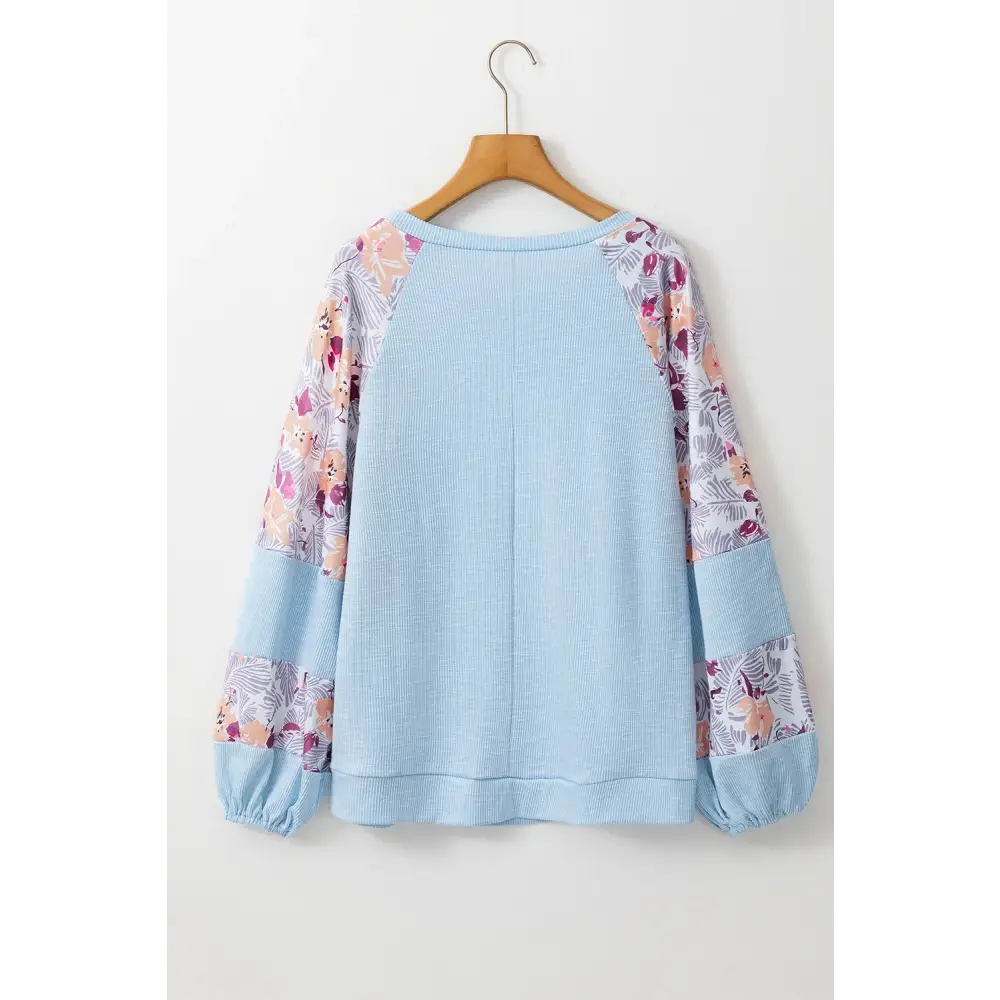 Printed Round Neck Balloon Sleeve Blouse - Tops