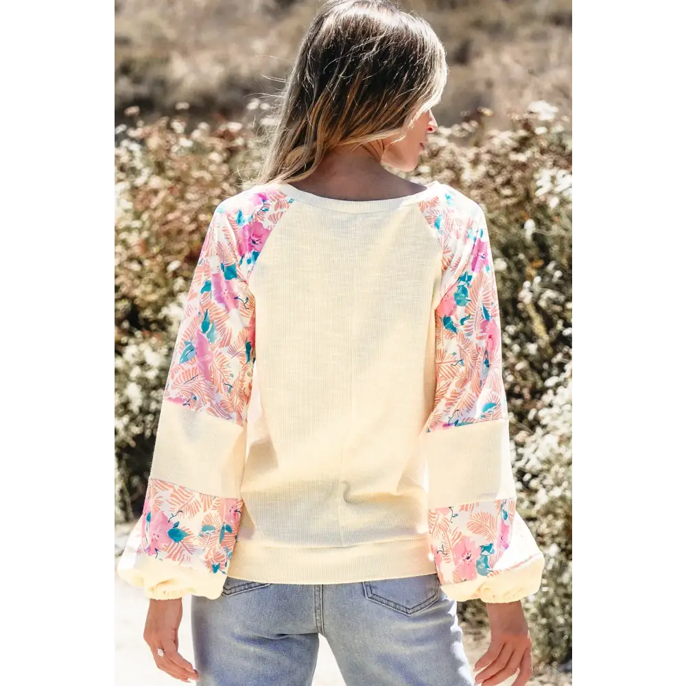 Printed Round Neck Balloon Sleeve Blouse - Tops