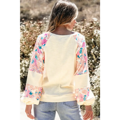 Printed Round Neck Balloon Sleeve Blouse - Tops