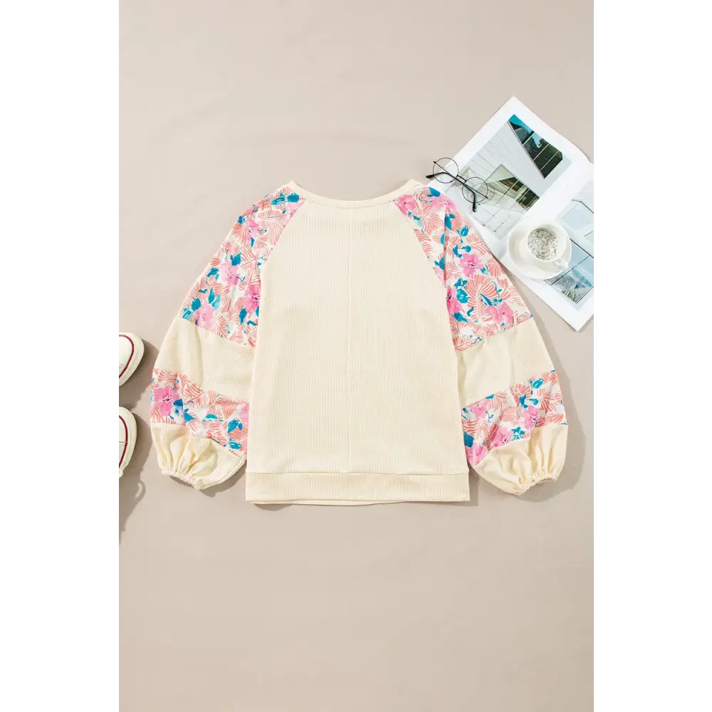 Printed Round Neck Balloon Sleeve Blouse - Tops