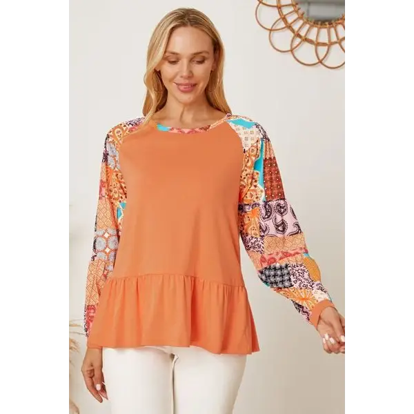 Printed Round Neck Peplum Blouse - Pumpkin / S - Tops