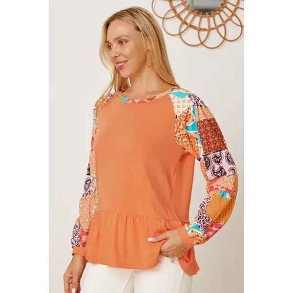 Printed Round Neck Peplum Blouse - Tops