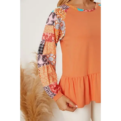 Printed Round Neck Peplum Blouse - Tops