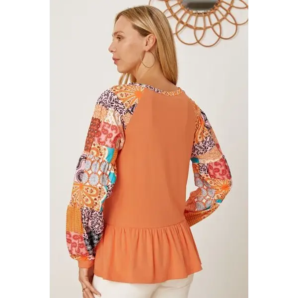 Printed Round Neck Peplum Blouse - Tops